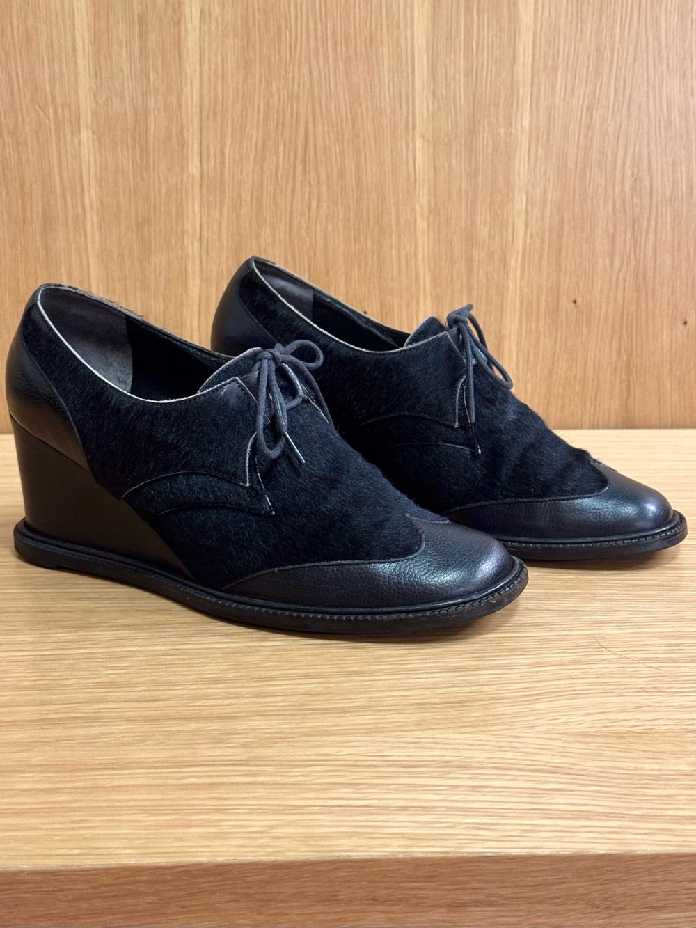 Yohji Yamamoto + Noir Black Leather & Haircalf Lace-Up Wedge Heels, UK 4/US W6.5